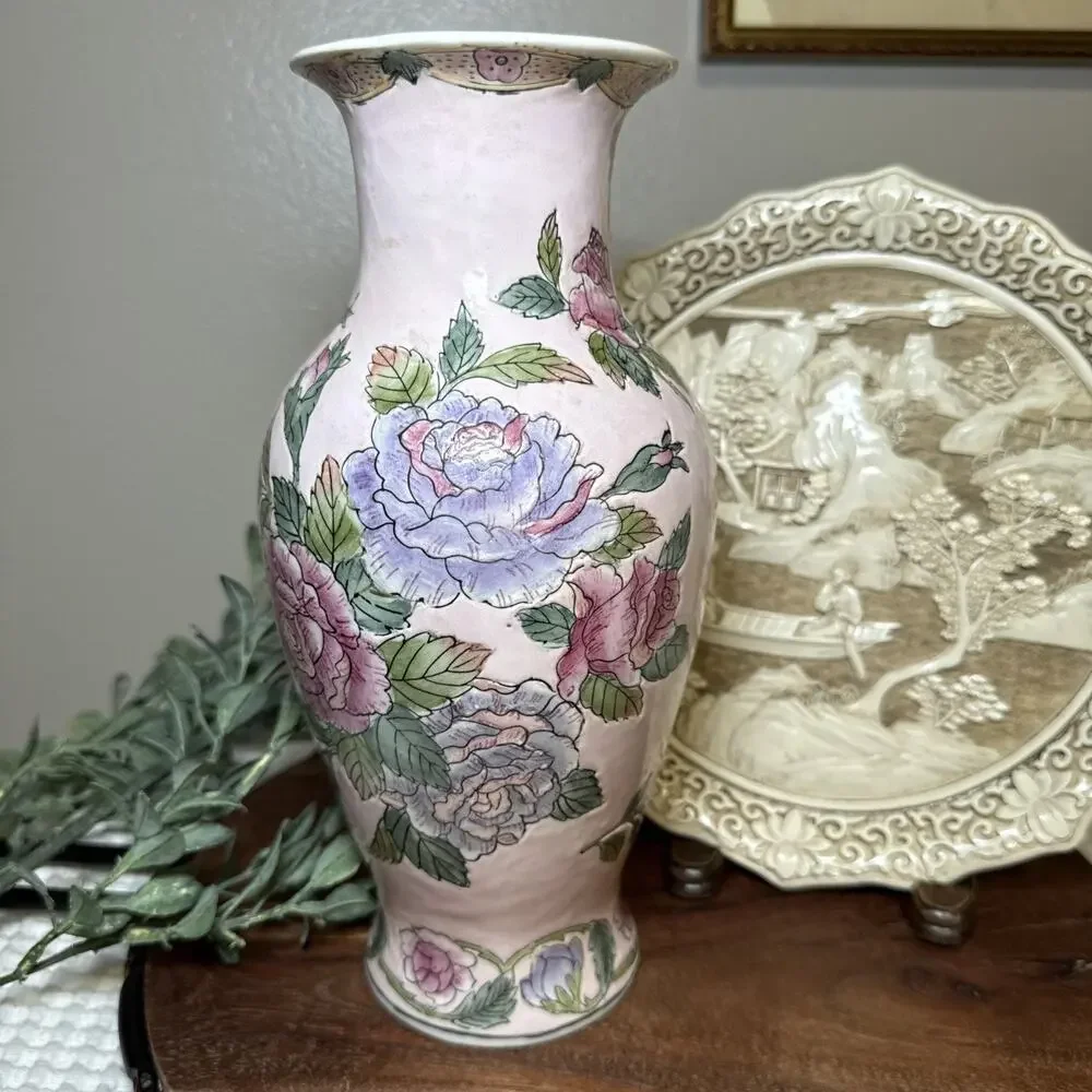 Vintage TOYO Chinese Porcelain Vase Soft Pink Roses Chinoiserie HFP Macau 10.5”